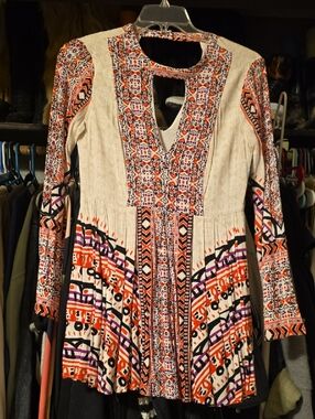 Free People Ivory Boho Tunic Dress with Orange & Black Pattern